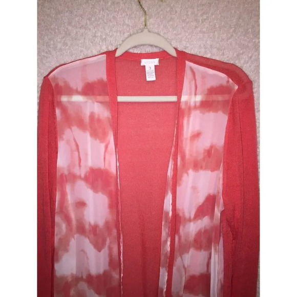 CHICO'S Coral/orange Chiffon Light weight knit Open-Front Cardigan Top (3) XL - Picture 2 of 8